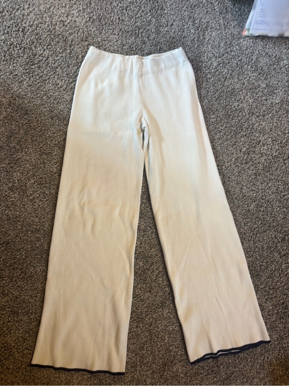 Cream Wide-Leg Ribbed Knit Pants